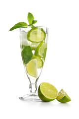 Glass of fresh Mojito cocktail with lime and mint on white background