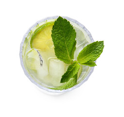 Glass of fresh Mojito cocktail with mint on white background