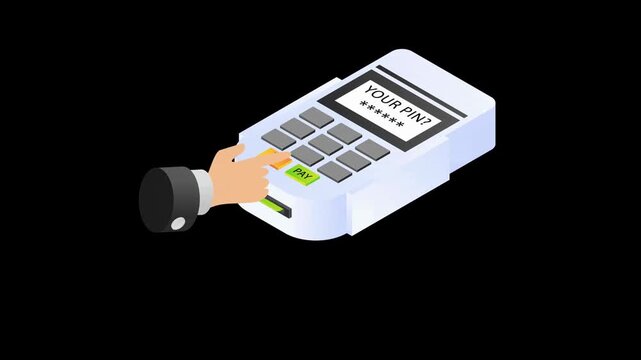 Illustration of a hand inserting a card into a payment terminal with a keypad on a solid black background.