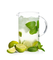 Jug of fresh Mojito cocktail with limes and mint on white background