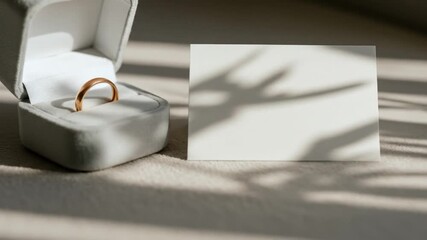 Ring in box with card shadow play wedding anniversary celebration romance symbol