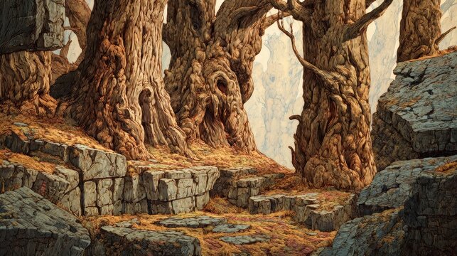 Digital painting of textured, large trees on stone steps in a forest clearing