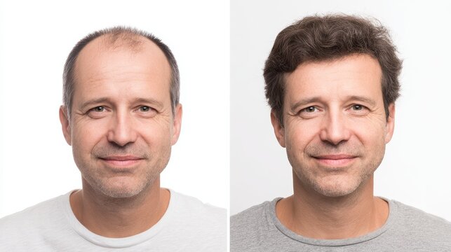 baldness and alopecia concept, portrait of soft smiling average man 40 years old before and after hair loss treatment