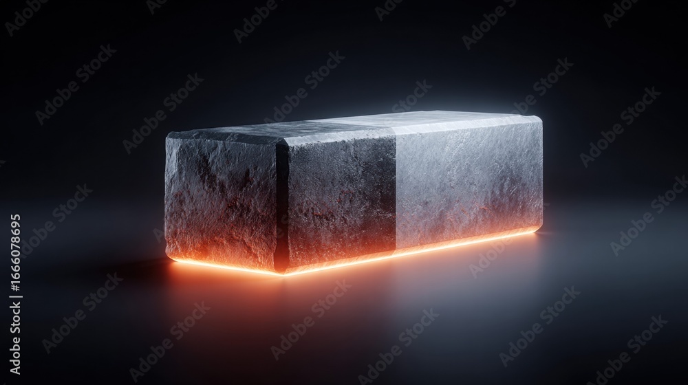 Poster a minimalist rendering of a stone block with glowing orange edges against a dark backdrop.