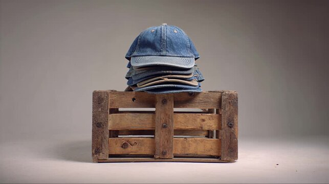 Stack of denim caps on a wooden crate against a neutral background.