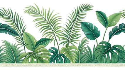 Fototapeta premium Seamless Tropical Palm Leaf Border Vibrant Green and Dark Green Lush Foliage on Black Background Detailed Botanical Illustration with Subtle Cream and Beige Border