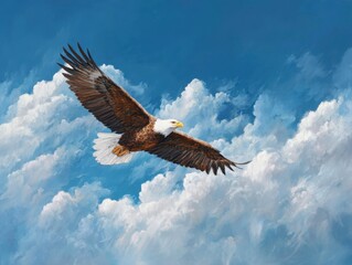 Fototapeta premium Eagle Soaring High with Wings Spread, Amidst Clear Blue Sky and Fluffy Clouds