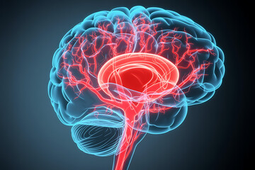 professional 3d medical rendering of the thalamus and cerebral vasculature showing sensory relay pathways within the brain for neurology neuroscience and anatomy education