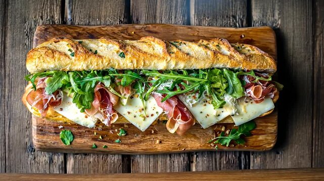 Rustic deli sub with greens and prosciutto  
