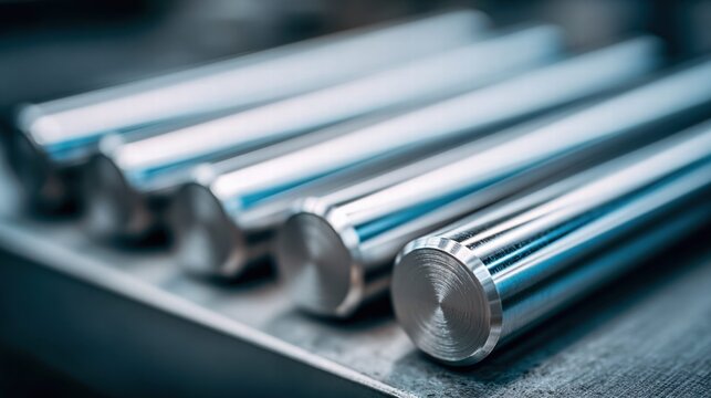 The image presents a macro shot of several metal rods, showing their polished surfaces and industrial context.