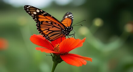 Obraz premium An orange monarch butterfly perched atop a vibrant red flower in a garden setting outdoors today
