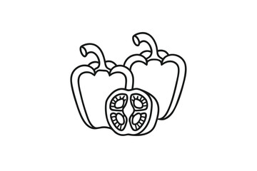 Two Bell Peppers and Cut Piece on White Background with Outline Design