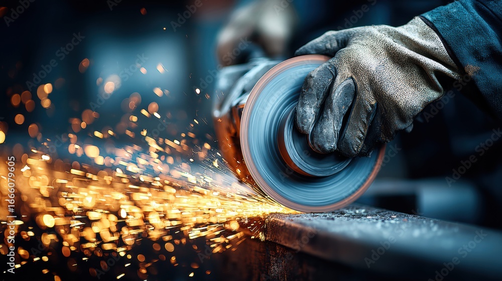 Aufkleber dramatic shot of a worker grinding metal, with sparks creating a dynamic visual effect in a workshop