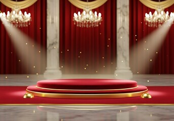 Elegant Red Velvet Podium with Gold Accents, Dramatic Lighting, Marble Columns, and Red Curtains.