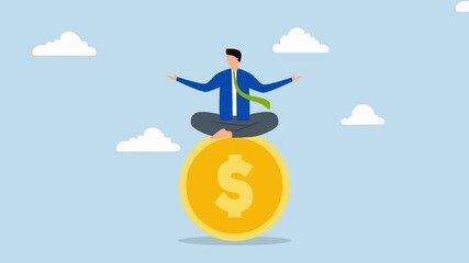 A businessman in a meditative pose atop a large golden coin, representing financial well-being.