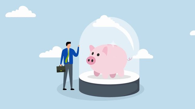 A man with a briefcase observes a pink piggy bank protected under a glass dome, set against a blue sky with clouds.