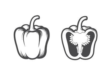 Gray Bell Pepper Whole and Half Outline, Silhouette Style on White Background Icon