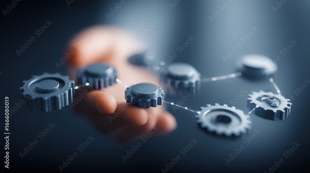 Poster gears connected by lines held in a hand, representing teamwork and innovative technology.