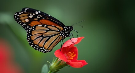 Fototapeta premium A monarch butterfly resting on a vibrant red flower with a soft green blurred background in nature