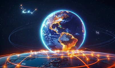 Earth rotates with glowing energy lines connecting to futuristic power stations.