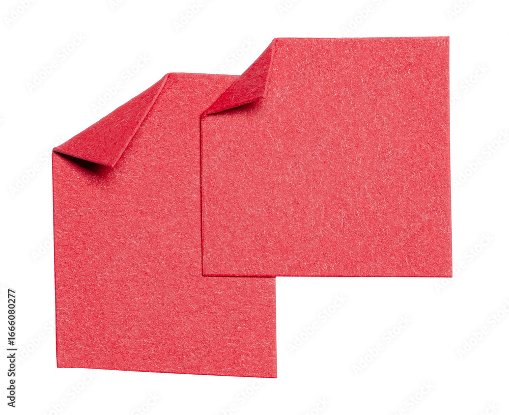 Poster two red overlapping isolated cut out blank paper notes cardboard with folded corner dog-ear earmark 