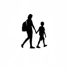 Silhouette of a boy holding his mother s hand isolated on white background