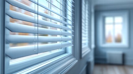 Obraz premium Window blinds in a softly lit room create a serene atmosphere with clean, modern lines.