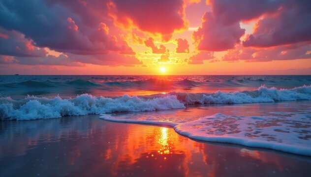 Soft waves caress the beach at sunset; the sky's fiery hues mirrored in the water , waves, nature, sand