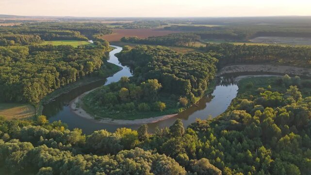 Aerial view of landscape with natural meanders of the Morava River Osypane brehy, South Moravia, Czech Republic