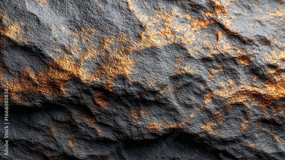 Aufkleber a textured rock face displays rough patterns with shades of gray and gold, creating a striking contr