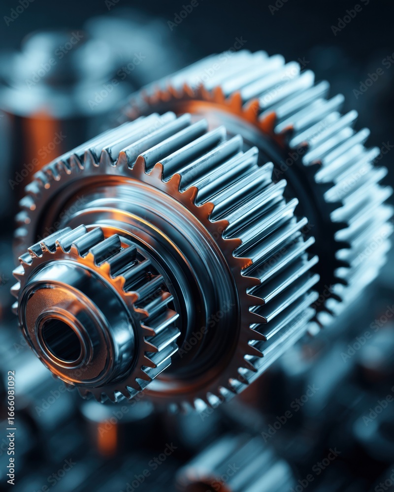 Poster intricate metallic gears interlock, showcasing precise engineering and mechanical structure.