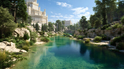 Epic fantasy landscape of a magical lost city, a serene ancient kingdom with a palace and river, a peaceful utopia for adventure and travel, concept art of a mythical civilization.