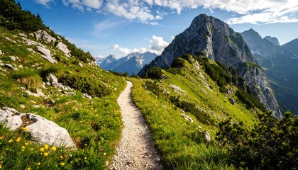 Naklejka premium Mountain path winds through wildflowers