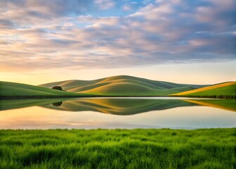 Obraz premium Mirror-calm lake nestled among velvety green hills under dramatic evening clouds