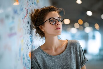 ability concept featuring a focused young woman at a spacious whiteboard in a luminous office