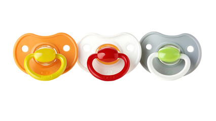 Three adorable baby pacifiers shaped like animal faces isolated on transparent background