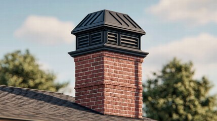 Close-up of a brick chimney with a black metal cap on a sunny day, with blue sky.