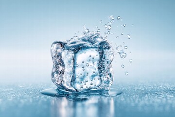 Obraz premium Close-up view of a melting ice cube, with water droplets in motion against a blue background.