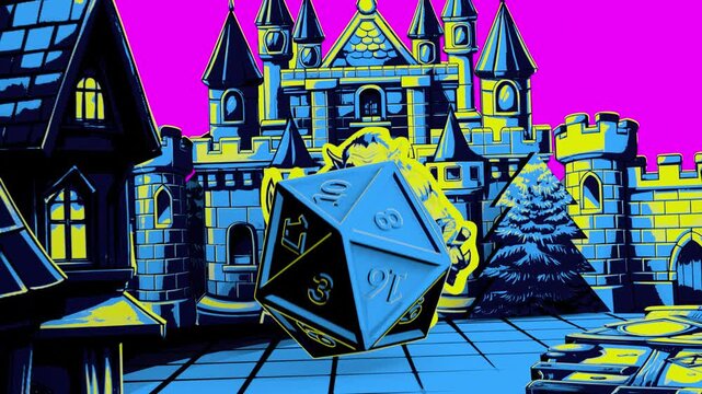 A stylized intro with a game dice d20. Board for playing in DnD with decorative houses. The cube stops on the empty side for branding. Solid color for keying.
