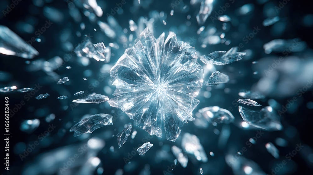 Poster a spectacular visual of a crystalline structure exploding into fragments in the dark.