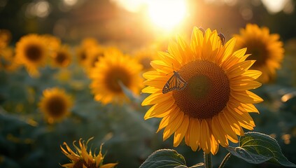 Obraz premium A vibrant sunflower field bathed in golden sunlight, showcasing a monarch butterfly perched on a central bloom, evokes a warm and peaceful summer scene.