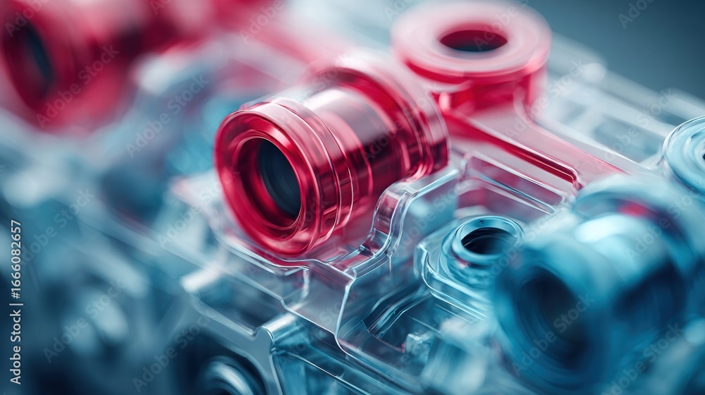 Poster a detailed image showcasing a complex mechanical component with red and blue elements.