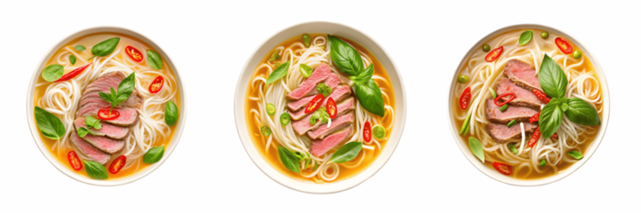 Set For Bowls of pho soup with beef isolated on transparent background