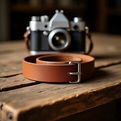 Brown Leather Belt with Vintage Camera on Wooden Table