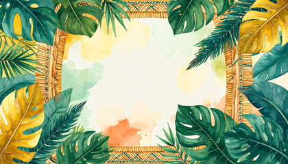 Vibrant watercolor illustration of a tropical floral frame with colorful hibiscus flowers and lush monstera leaves, perfect for summer designs