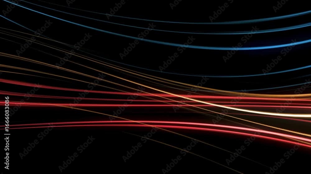 Poster abstract light trails curve across a dark background, creating a dynamic and colorful design.