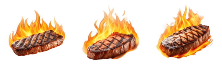 Set For Three grilled steaks are engulfed in flames isolated on transparent background