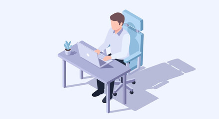 Isometric Illustration of a Man Working on Laptop at Desk