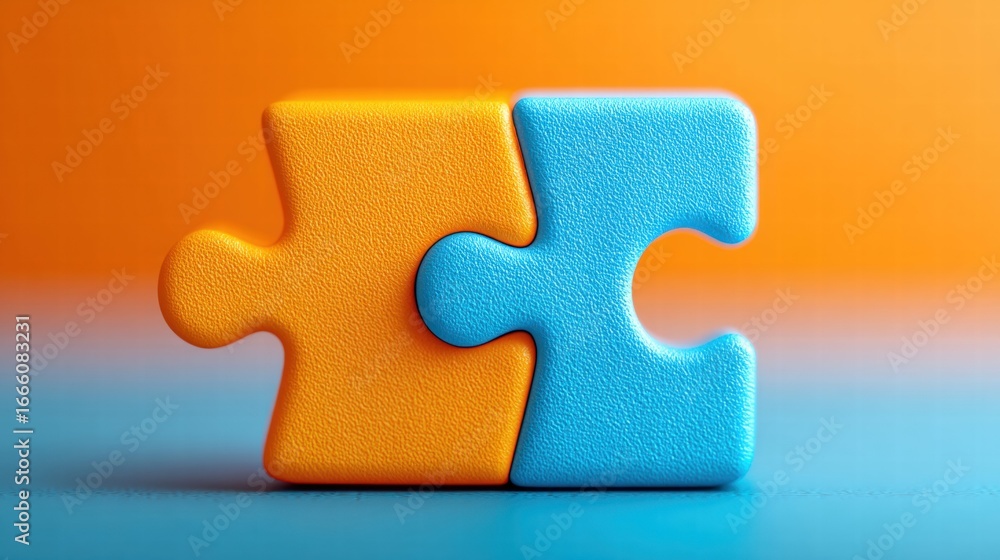 Poster conceptual image of puzzle pieces connecting, representing teamwork and solutions.