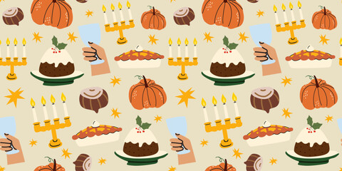 Cute Thanksgiving day vector seamless pattern with pumpkin, pie, cake, candle. Festive coquette pattern for print, textile, package, wallpaper. Cartoon family dinner vector illustration